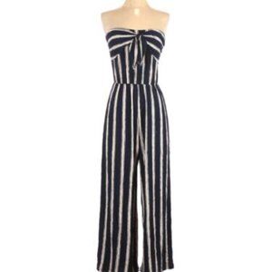 Love Tree Navy and Cream Stripe Strapless stretchy Jumpsuit. Size Large